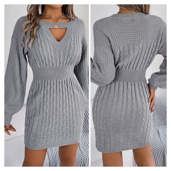 Grey Round Neck Sweater Dress - Picture 3 of 8